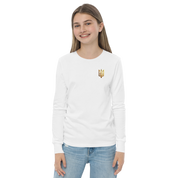 classic fit youth shirt,golden Trident shirt,golden Trizub shirt,golden Ukrainian emblem,soft cotton youth shirt,Ukraine trident shirt,Ukrainian heritage apparel,Ukrainian pride clothing,Ukrainian Trizub youth shirt,youth long sleeve shirt