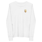 Youth long sleeve white shirt with golden Ukrainian Trizub on heart, showcasing heritage and pride in soft, durable Airlume cotton.