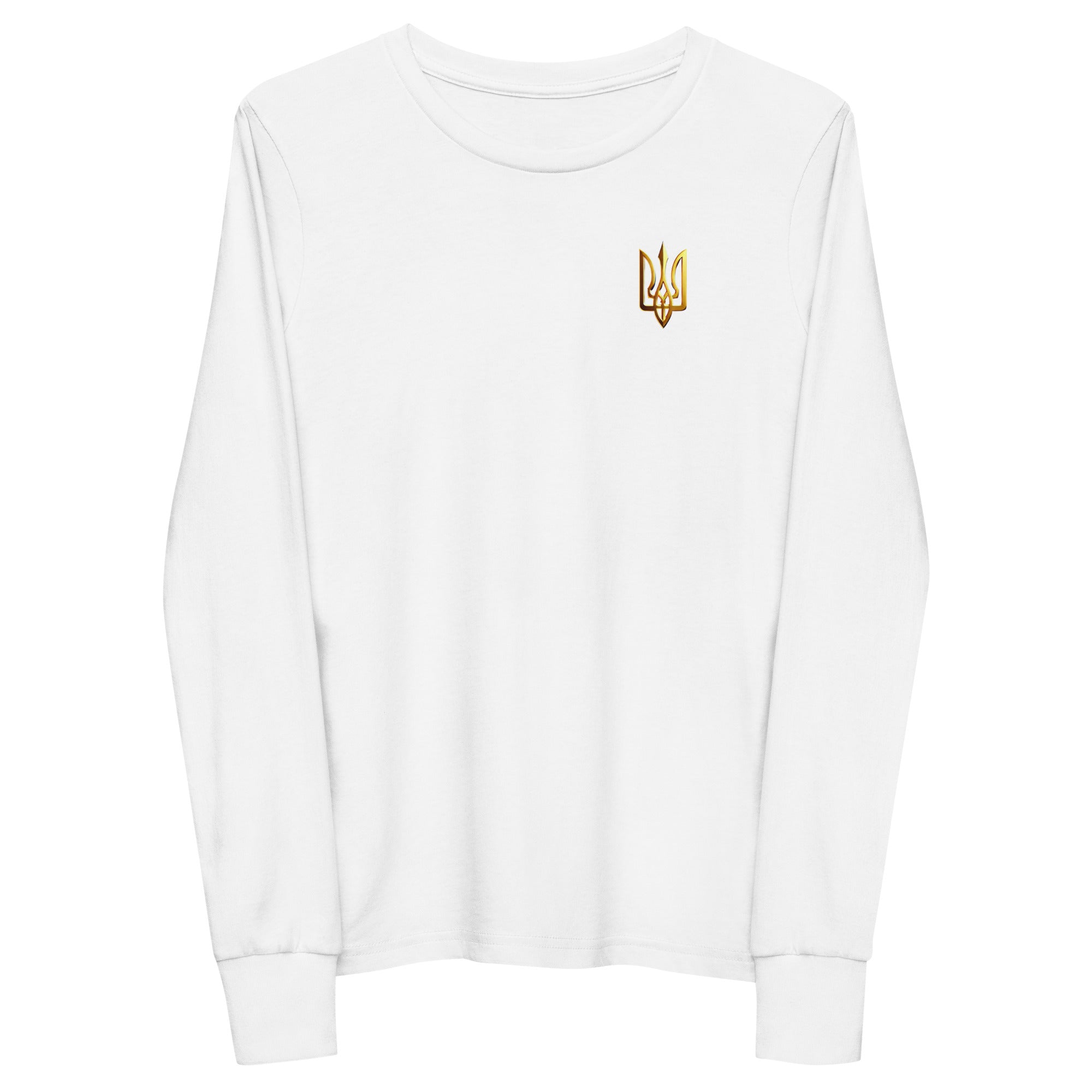 Youth long sleeve white shirt with golden Ukrainian Trizub on heart, showcasing heritage and pride in soft, durable Airlume cotton.