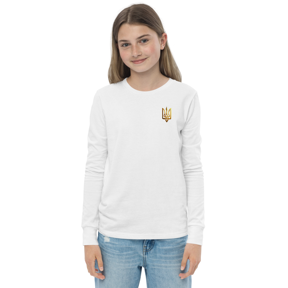 Youth wearing long sleeve shirt with golden Ukrainian Trizub on heart, showcasing heritage, made from soft Airlume cotton.