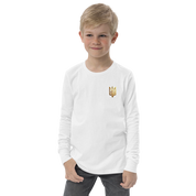 Youth wearing a long sleeve white shirt with a golden Ukrainian Trizub design on the chest, symbolizing heritage and pride.