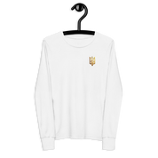 Youth long sleeve shirt with golden Ukrainian Trizub on heart, made from soft Airlume cotton, featuring ribbed cuffs and crew neck.