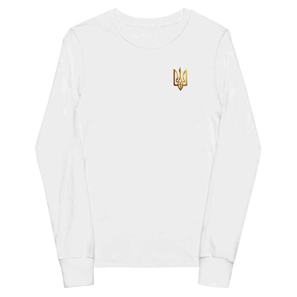 Youth long sleeve shirt with golden Ukrainian Trizub design on heart, made from soft Airlume cotton, shown in white with crew neck and ribbed cuffs.