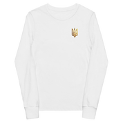 Youth long sleeve shirt with golden Ukrainian Trizub design on heart, made from soft Airlume cotton, shown in white with crew neck and ribbed cuffs.