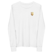 Youth long sleeve shirt with golden Ukrainian Trizub on heart, made from soft Airlume cotton, showcasing cultural pride.
