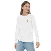 classic fit youth shirt,golden Trident shirt,golden Trizub shirt,golden Ukrainian emblem,soft cotton youth shirt,Ukraine trident shirt,Ukrainian heritage apparel,Ukrainian pride clothing,Ukrainian Trizub youth shirt,youth long sleeve shirt