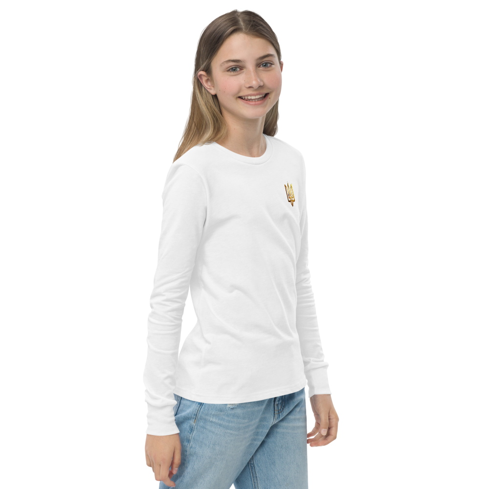 Youth wearing long sleeve shirt with golden Ukrainian Trizub on heart, showcasing heritage.