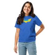 Youth wearing a blue t-shirt with yellow Ukrainian Tryzub emblem, celebrating Ukrainian pride and culture.