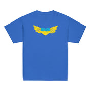 Youth blue t-shirt with Ukrainian Tryzub emblem design, highlighting cultural pride and heritage. Made from premium cotton for durability.