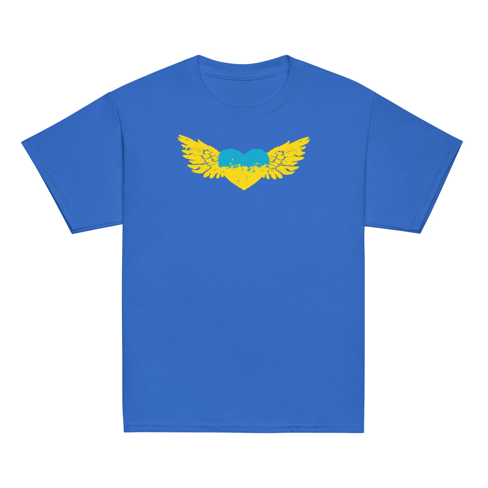 Youth blue t-shirt with Ukrainian Tryzub emblem design, highlighting cultural pride and heritage. Made from premium cotton for durability.