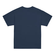 Back view of youth classic T-shirt in navy, featuring Ukrainian emblem. Comfortable cotton for active kids showcasing heritage.