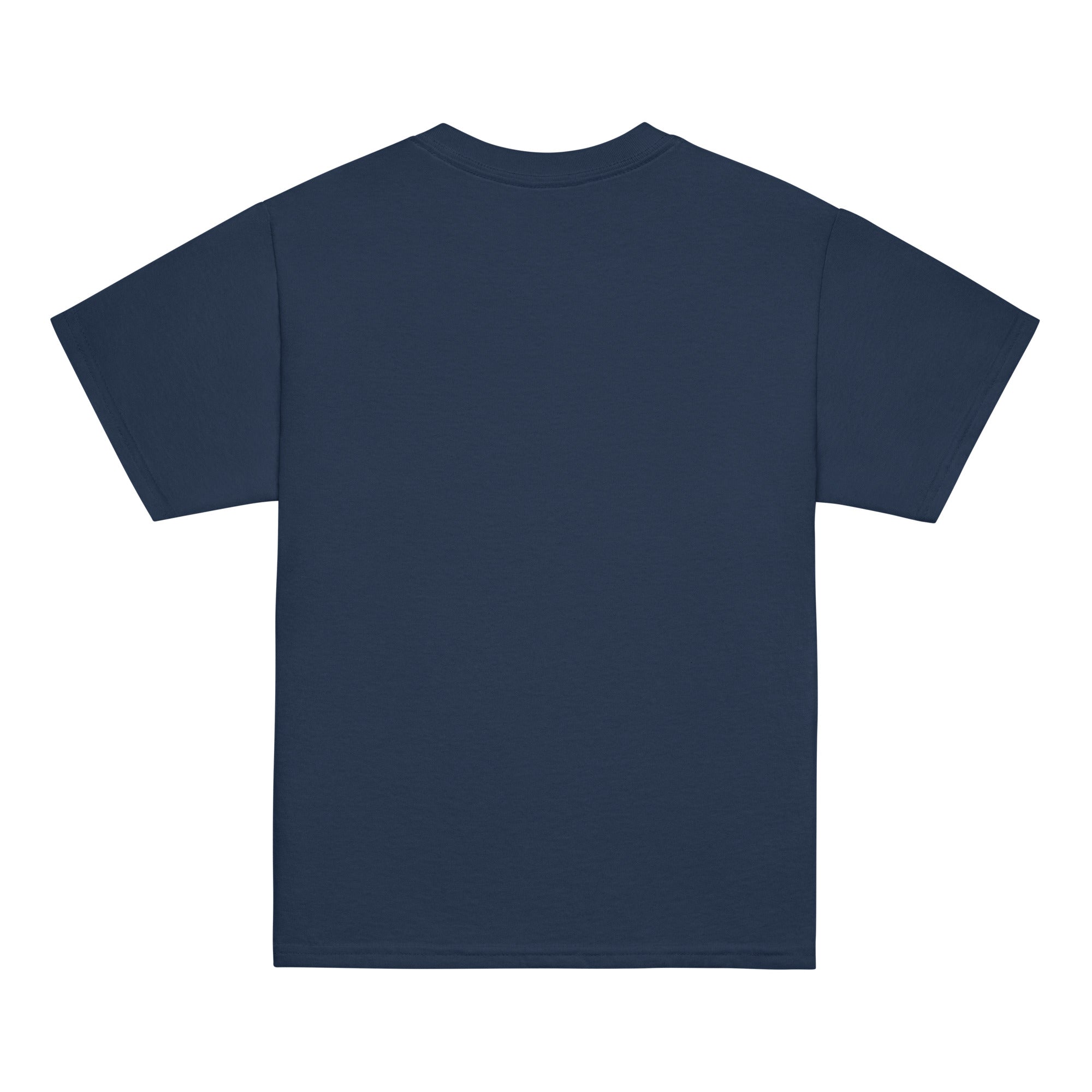 Back view of youth classic T-shirt in navy, featuring Ukrainian emblem. Comfortable cotton for active kids showcasing heritage.