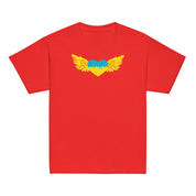 Youth red t-shirt with Ukrainian Tryzub emblem and artistic heart and wings design.