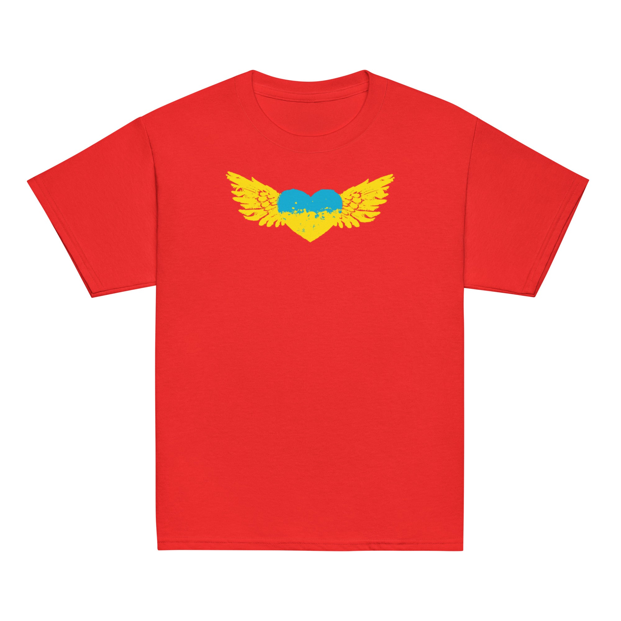 Youth red t-shirt with Ukrainian Tryzub emblem and artistic heart and wings design.