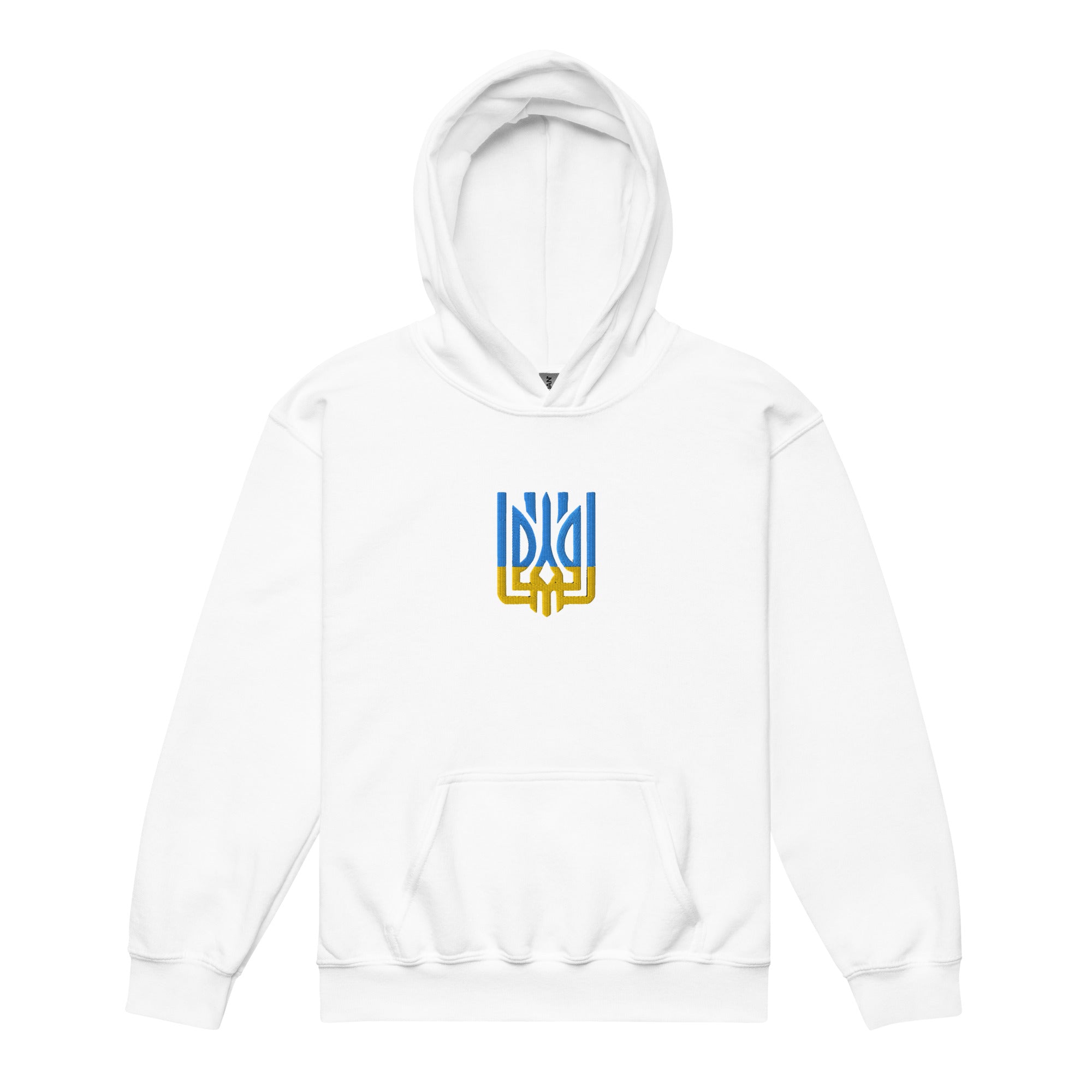 Youth heavy blend hoodie with Tryzub emblem in white, showcasing Ukrainian heritage and style for active kids.